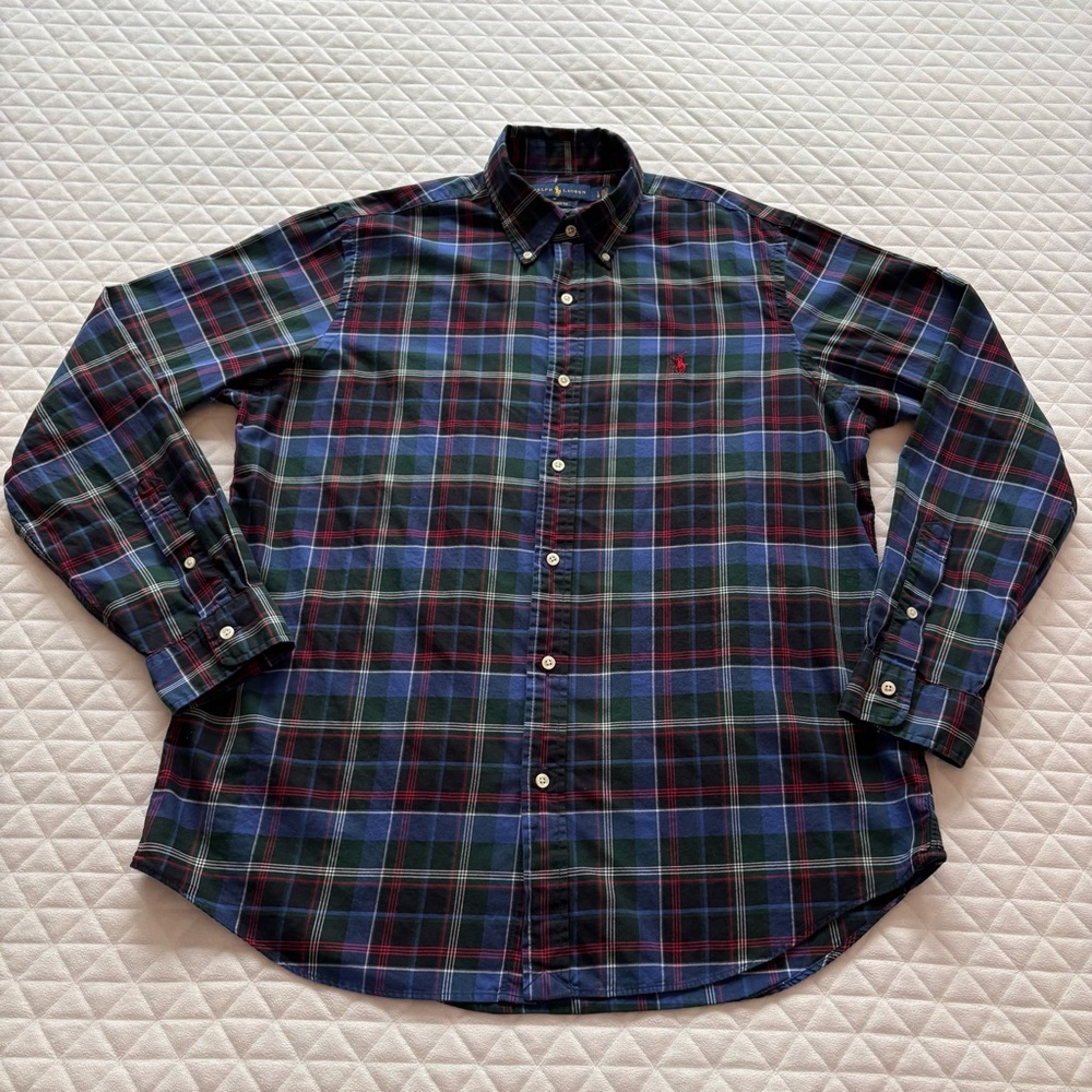 Ralph Lauren Men Classic Fit Button Down Dress Shirt Blue Red Green Plaid Size L